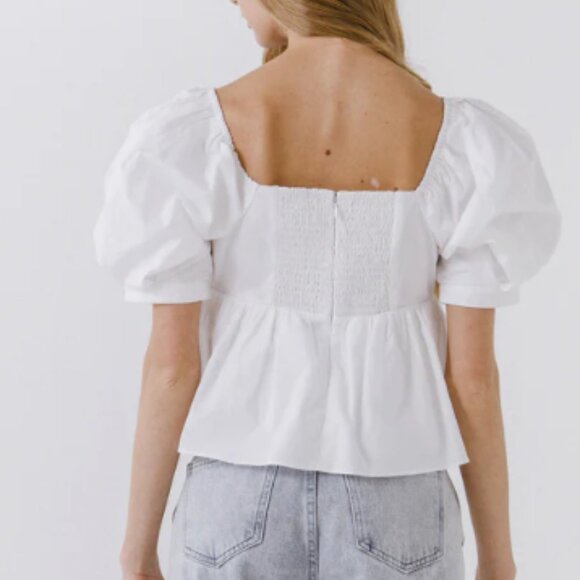 English Factory Women Woven Blouse - Short Puff Sleeve Top in White - Picture 3 of 3